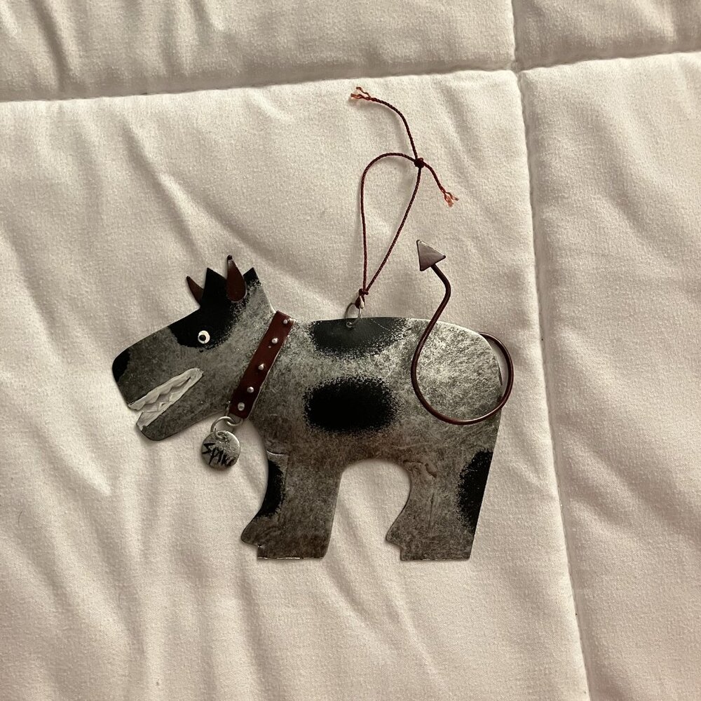 Gray Metal Devil Dog Spike Holiday‎ Christmas Tree Ornament Red Retro